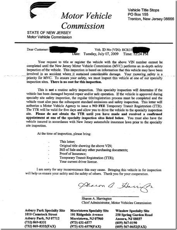 Letter From New Jersey DMV Requesting Vehicle Inspection on Nissan